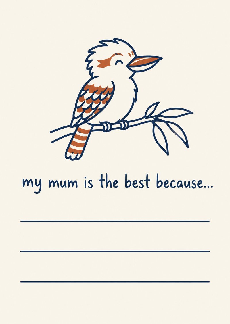 kookaburra on a branch above writing lines, 'my mum is the best because...'